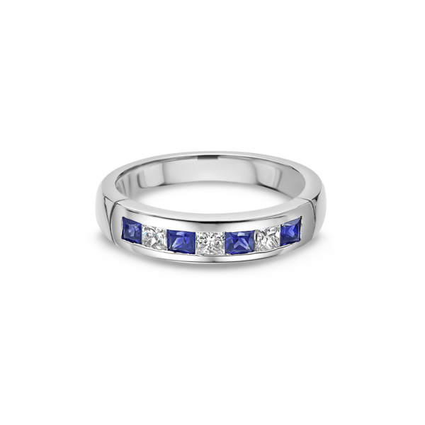Princess Cut Diamond & Sapphire Channel Set Half Eternity Ring - Image 3