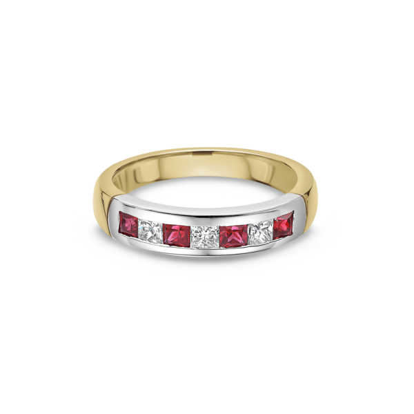 Princess Cut Diamond and Ruby Channel Set Half Eternity Ring