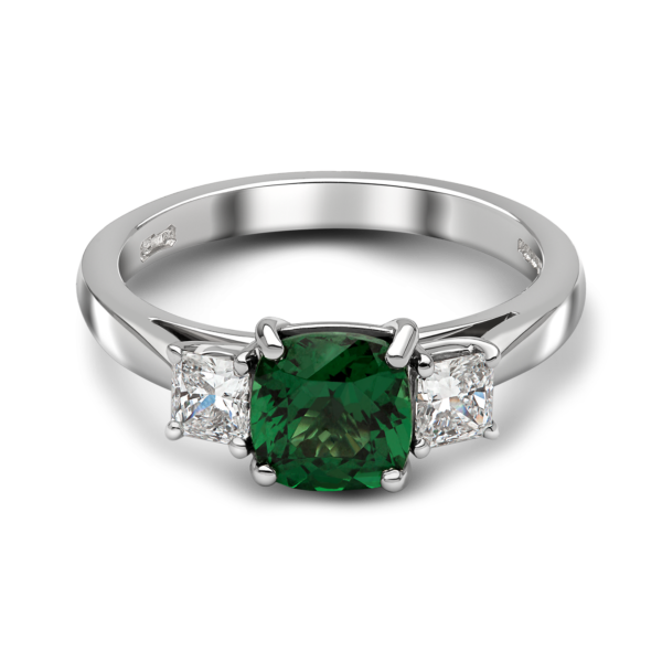 Tsavorite and Radiant Diamond Three Stone Ring