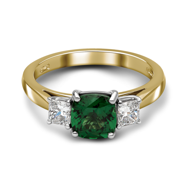 Tsavorite and Radiant Diamond Three Stone Ring - Image 2